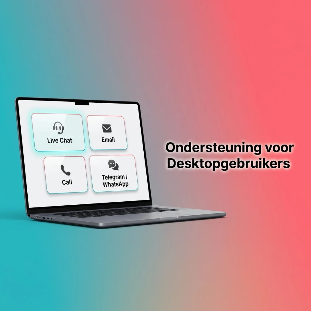 Ondersteuning voor desktopgebruikers via live chat, e-mail en FAQ-helpcentrum voor accountvragen en app-problemen.