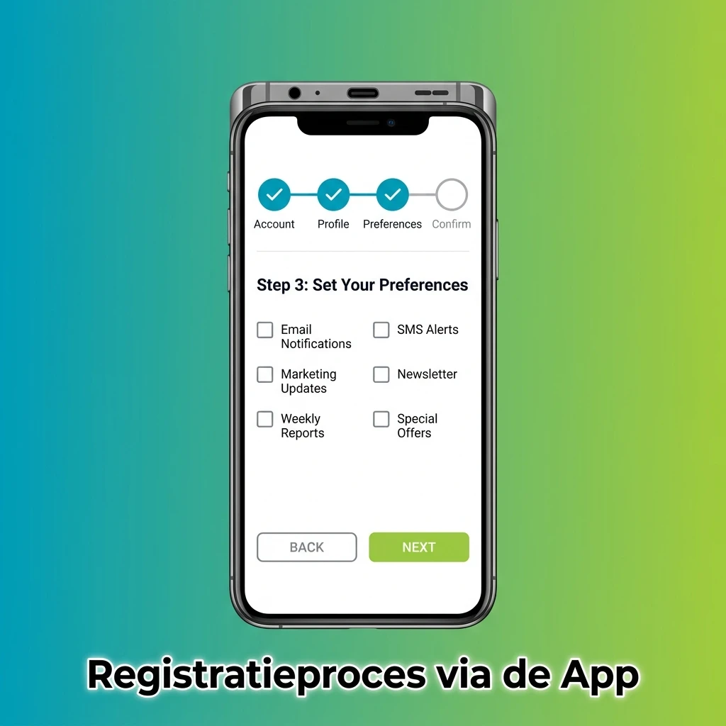 Stapsgewijs registratieproces via mobiele app met e-mailverificatie en accountaanmaak in minder dan 3 minuten