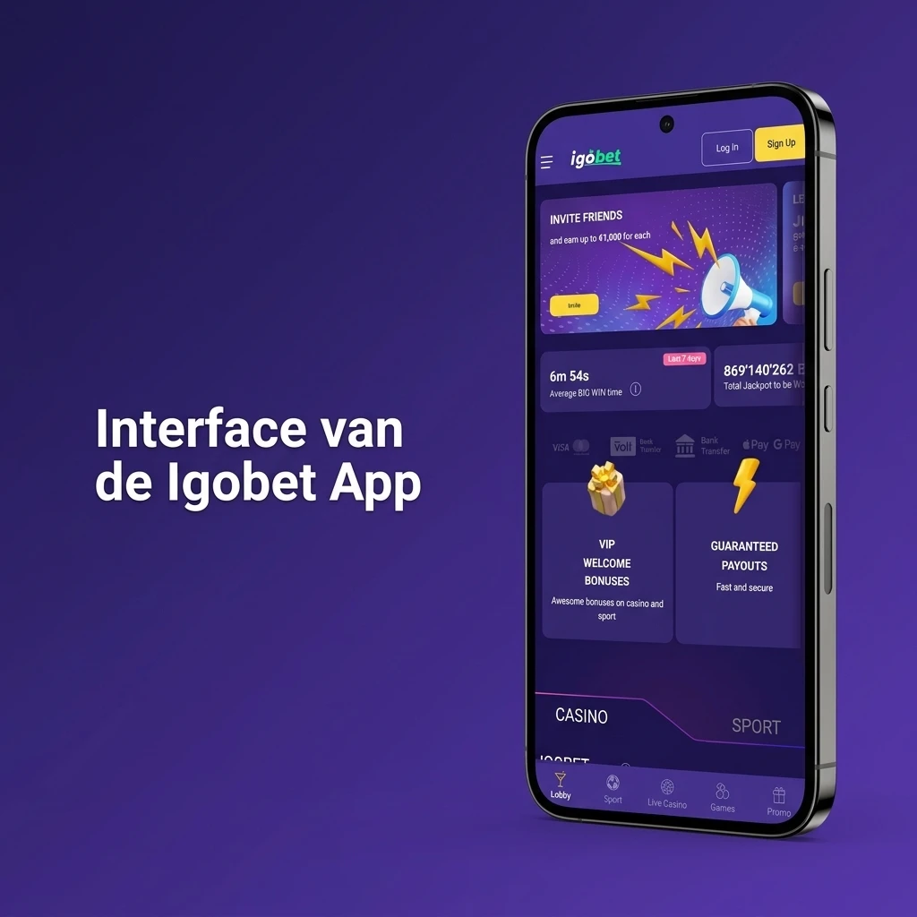 Igobet app interface met overzichtelijke navigatiebalk voor sport en casinospellen op mobiel en desktop