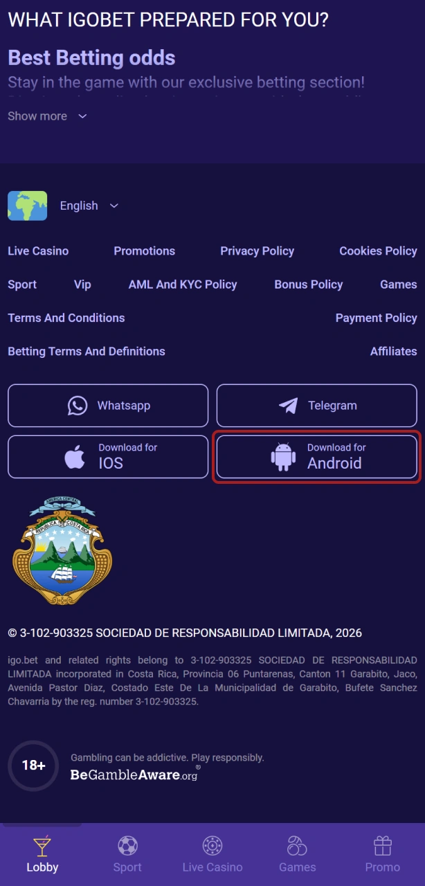 Klik op de officiële knop om de Igobet Android app download te starten.