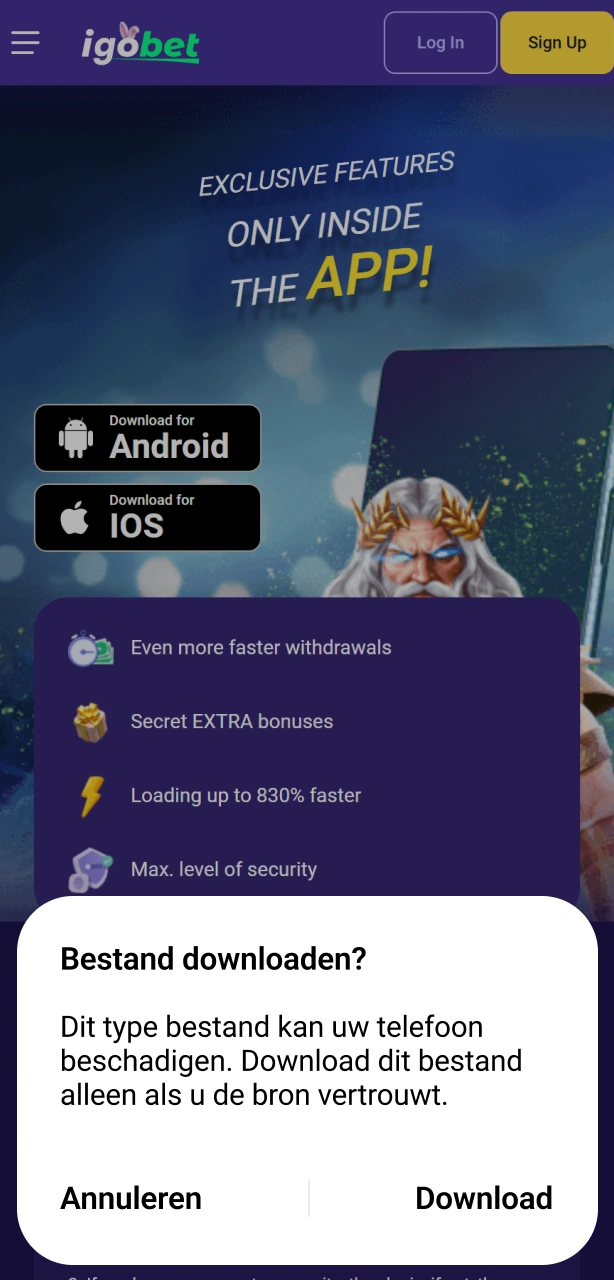 Accepteer de melding in het venster om de Igobet Android app installatie voort te zetten.