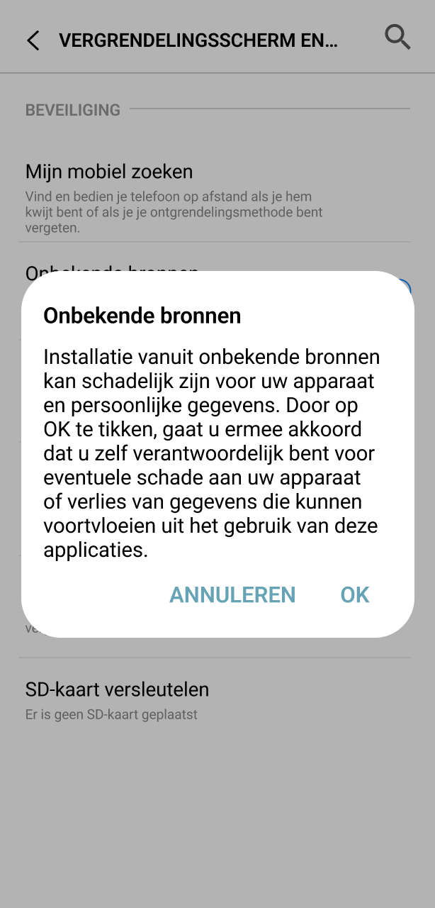 Sta de installatie van onbekende bronnen toe voor de Igobet Android applicatie.