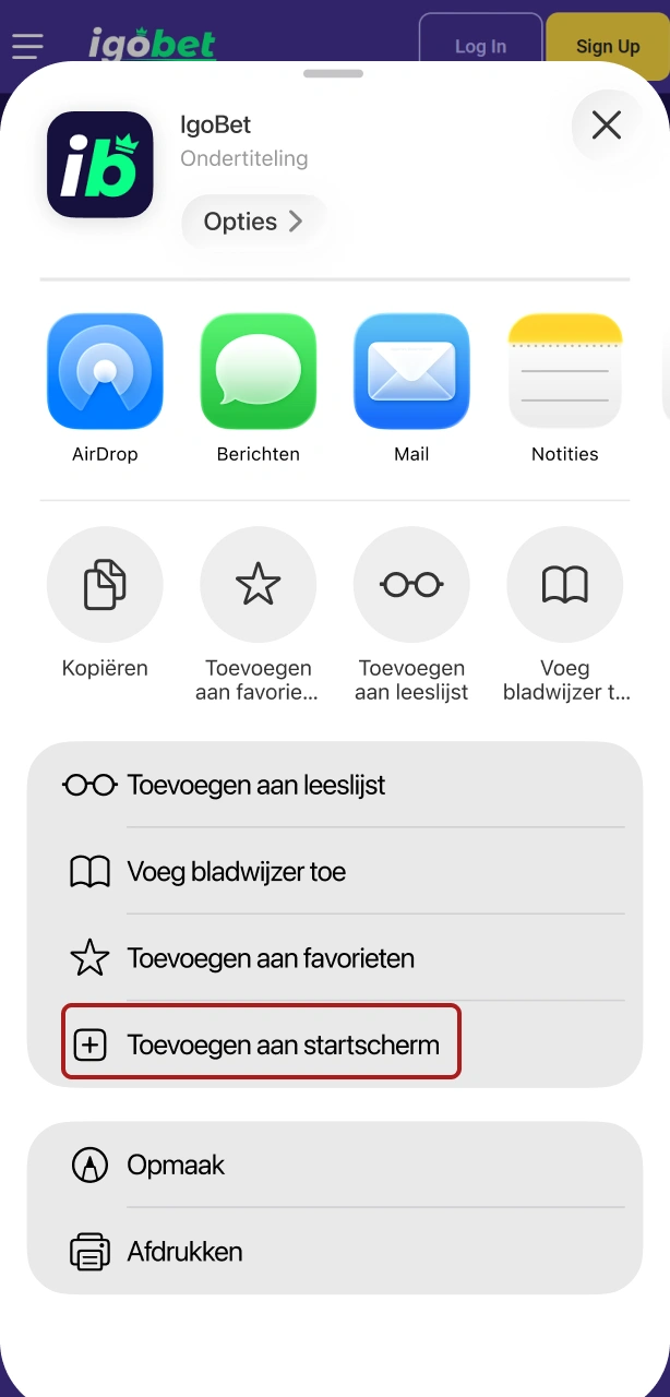 Voeg de Igobet iOS App toe aan het beginscherm van je toestel.