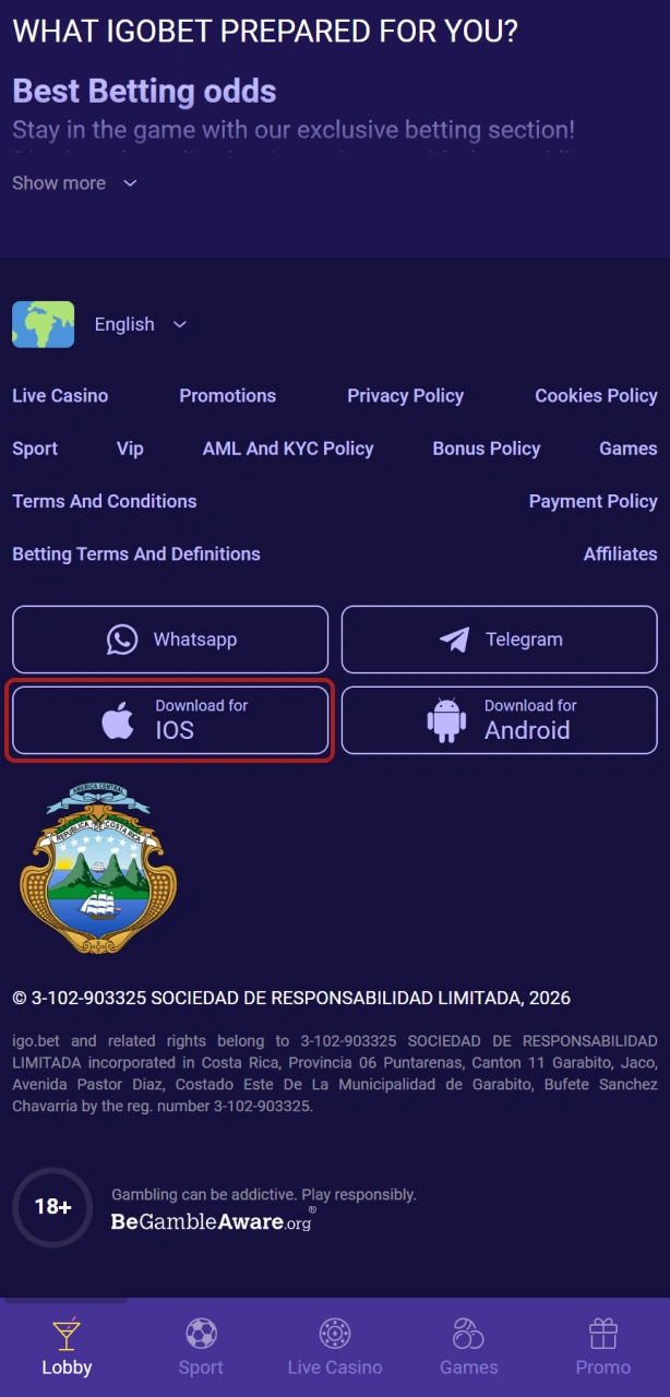 Klik op de downloadknop om de installatie van de Igobet iOS app te starten.