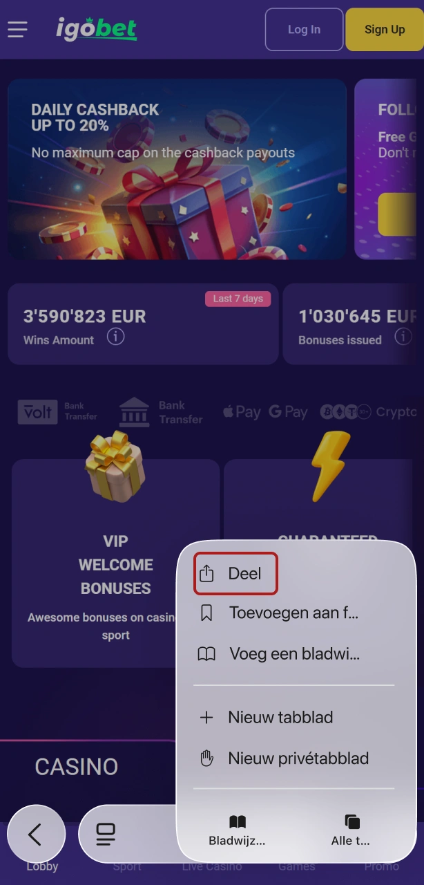 Tik op de deelknop in Safari om de Igobet iOS app te configureren.