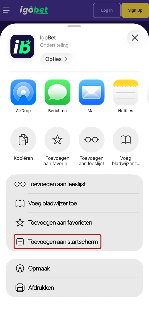 Voeg de Igobet iOS snelkoppeling toe aan je beginscherm en begin met spelen.