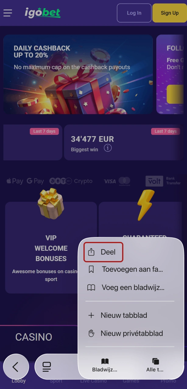 Tik op de deelknop in Safari om de Igobet IOS PWA app te configureren.