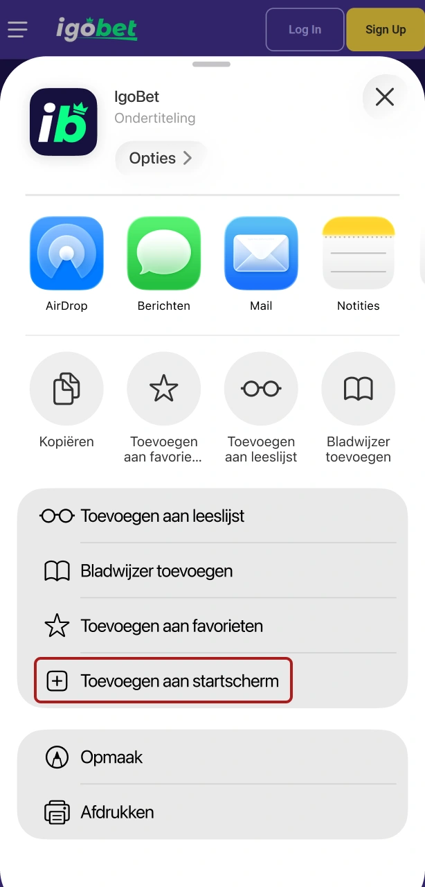 Tik op de knop om de Igobet IOS PWA op je beginscherm te plaatsen.
