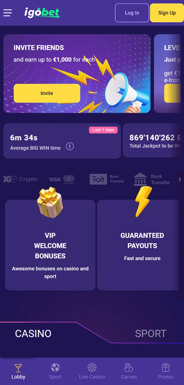 Bekijk de overzichtelijke startpagina van de Igobet PWA voor alle gokopties.