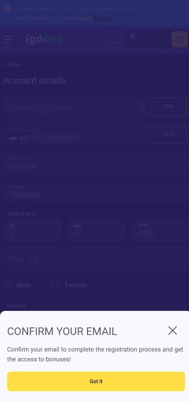Bevestig je nieuwe account om de Igobet registratie succesvol af te ronden.