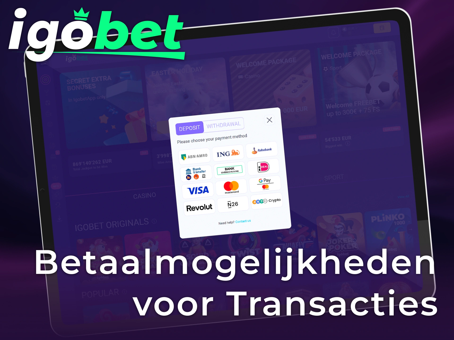 Bekijk alle handige betaalmogelijkheden voor transacties op de officiële website van IgoBet.