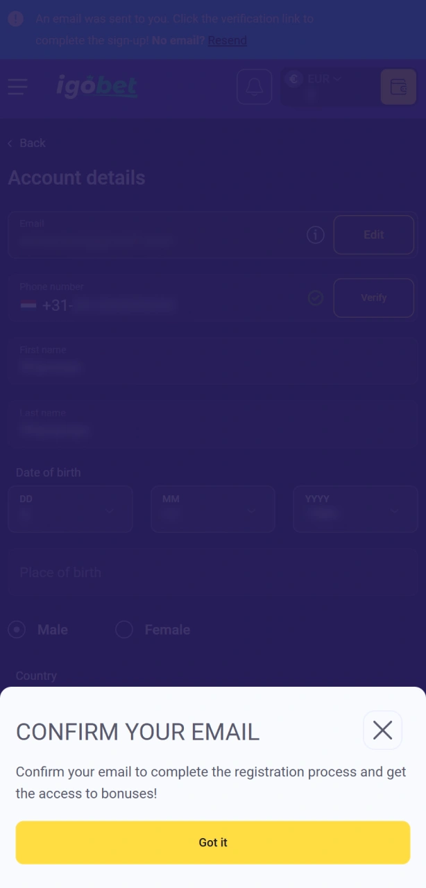 Verifieer je account om veilig en snel je winsten uit de IgoBet esports sectie op te nemen.