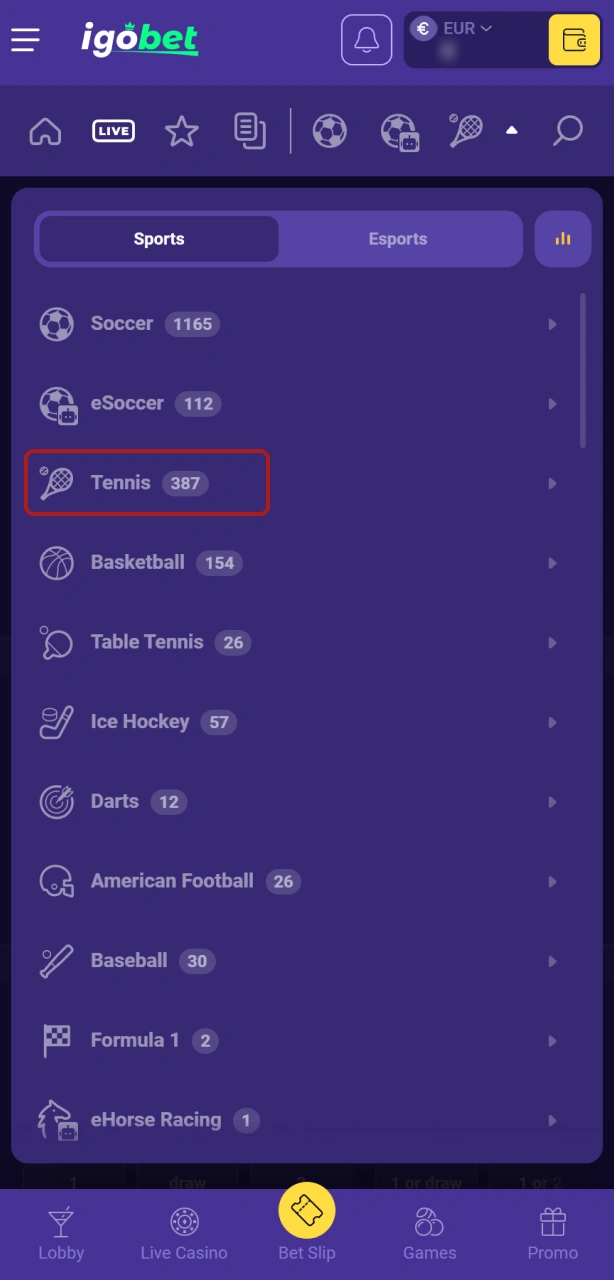 Ga naar de officiële tennissectie binnen de overzichtelijke IgoBet omgeving.