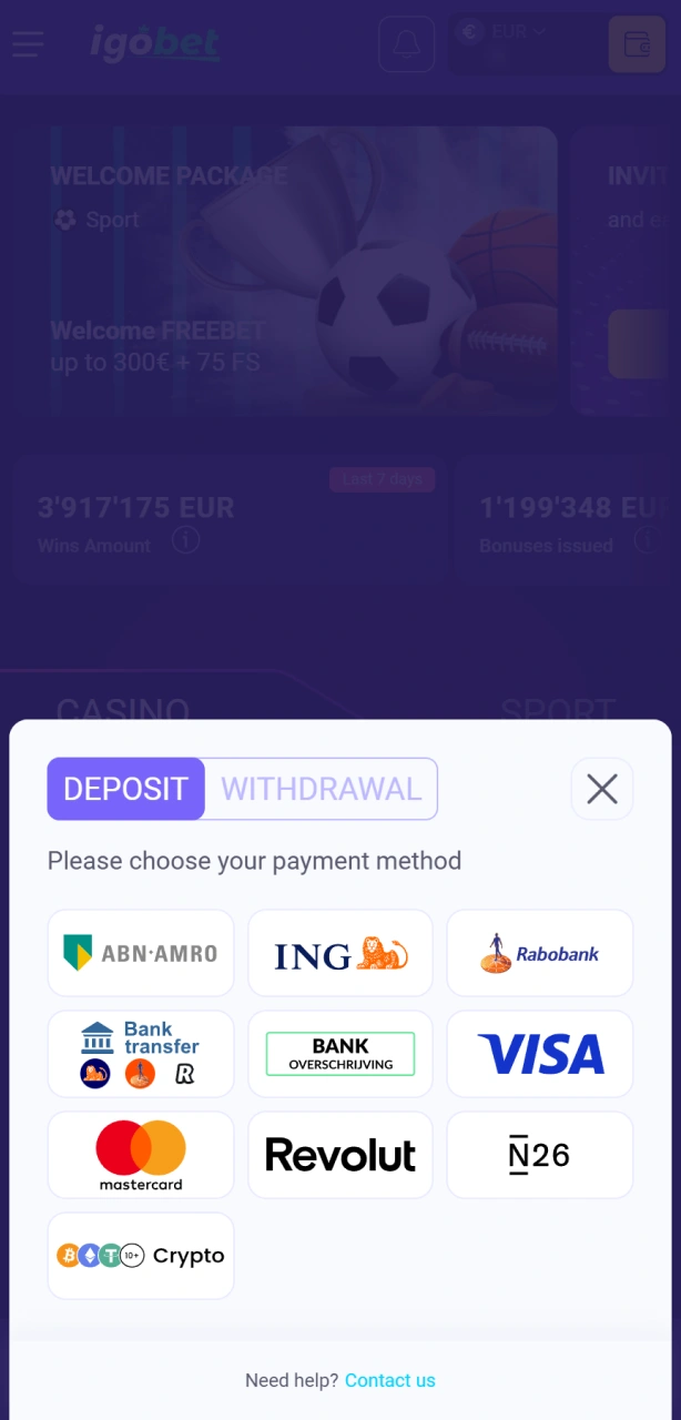 Doe je eerste storting en kwalificeer je voor de gulle Igobet welkomstbonus.